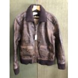 JACKET. LEATHER FLYING JACKET, FAT FACE, BROWN LEATHER TRIMMED IN BROWN KNITTED WOOL, SIZE L.