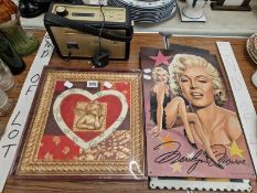 MARILYN MONROE METAL POSTERS, A RADIO, A SLATE DRAWING AND A BOXED HEART PRESENTATION