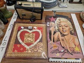 MARILYN MONROE METAL POSTERS, A RADIO, A SLATE DRAWING AND A BOXED HEART PRESENTATION