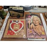 MARILYN MONROE METAL POSTERS, A RADIO, A SLATE DRAWING AND A BOXED HEART PRESENTATION