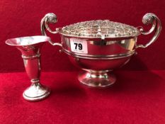 A HALLMARKED SILVER ROSE BOWL AND A SMALL VASE.