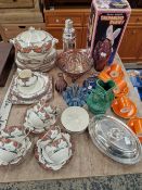 A CROWN DUCAL BREAKFAST SERVICE, CROWN DEVON ORANGE COFFEE CANS, MISCELLANEOUS GLASS AND A BOXED