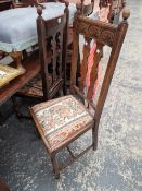 THREE CARVED OAK DINING CHAIRS, VARIOUS BEDROOM CHAIRS AND TWO VICTORIAN DINING CHAIRS.