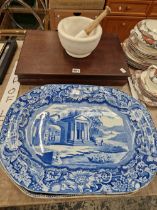 TWO VINTAGE BLUE AND WHITE PLATTERS, A MORTAR AND PESTLE TOGETHER WITH A CANTEEN OF ELECTROPLATE