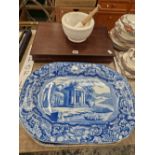 TWO VINTAGE BLUE AND WHITE PLATTERS, A MORTAR AND PESTLE TOGETHER WITH A CANTEEN OF ELECTROPLATE