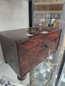 A 19th C. MAHOGANY TWO CANISTER TEA CADDY WITH A GLASS MIXING BOWL