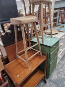 TWO STOOLS, A TEA TROLLY AND A BANK OF PAINTED DRAWERS.