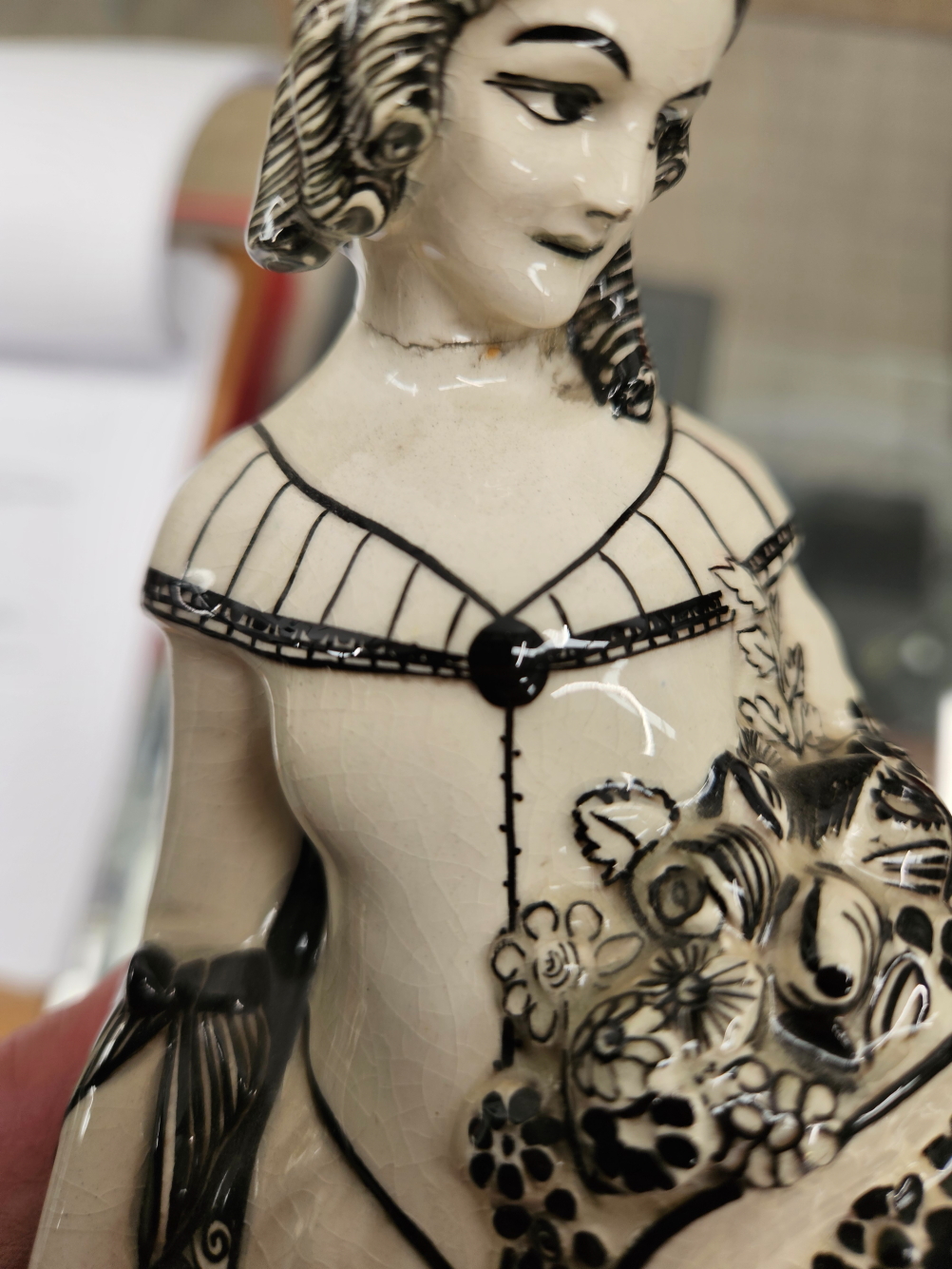 TWO AUSTRIAN ART DECO WHITE POTTERY FIGURES OF CRINOLINE LADIES DETAILED IN BLACK - Image 6 of 9