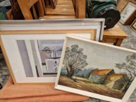 AN OIL OF FARM BARNS, A FRAMED PRINT AFTER BEN NICHOLSON AND AN ALUMINIUM FRAME