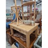 A BENT WOOD COAT AND STICK STAND, A FOUR SHELF CORNER UNIT, A DESK CHAIR AND A TWO DRAWER PINE