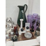 DULUX DOG FIGURES, A BESWICK CAT, MAUVE GLASS VASES, TWO SPELTER MERCURY FIGURES, TWO BOOKENDS,