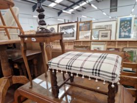 A STOOL, A TABLE LAMP AND A MAHOGANY WINE TABLE