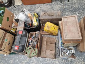 VARIOUS TOOL BOXES, ELECTRIC AND OTHER TOOL, WOOD PLANES, ETC.