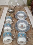 WEDGWOOD FLORENTINE PATTERN TEA AND COFFEE CUPS, A GLASS CHEESE DOME AND A DOULTON JAM JAR