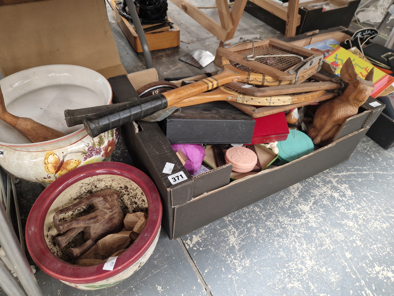 BOOKS, TWO TENNIS RACKETS, A SCOUTS LOGO BOX, MISCELLANEOUS BOXES, ETC.