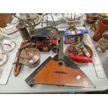 A BALAIKA, BRASS SCALES, A MINERS LAMP, A MODEL VINTAGE CAR, A COPPER KETTLE, A SHUTTLE, ETC.