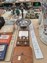 A CASE OF SILVER SEAL TOPPED COFFEE SPOONS, AN ELECTROPLATE CANDELABRUM, A DISH, ETC.