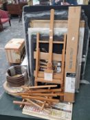EASELS, FRAMES, WATERCOLOURS, FOLDERS, AND A MIRROR