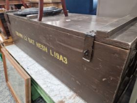 A GREY PAINTED AMMUNITION CHEST, ITS PURPOSE LABELLED IN YELLOW