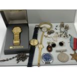 WATCHES JEWELLERY AND MEDALS TO INCLUDE SILVER WATCH ALBERT,A SILVER CROSS AND A SHELL PENDANT AND