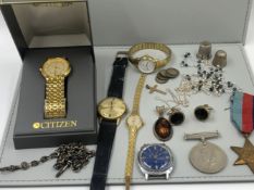 WATCHES JEWELLERY AND MEDALS TO INCLUDE SILVER WATCH ALBERT,A SILVER CROSS AND A SHELL PENDANT AND