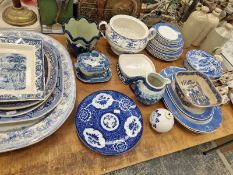 BLUE AND WHITE PLATTERS AND OTHER WARES TO INCLUDE A JAPANESE PLATE, AN IRONSTONE PLATE TOGETHER