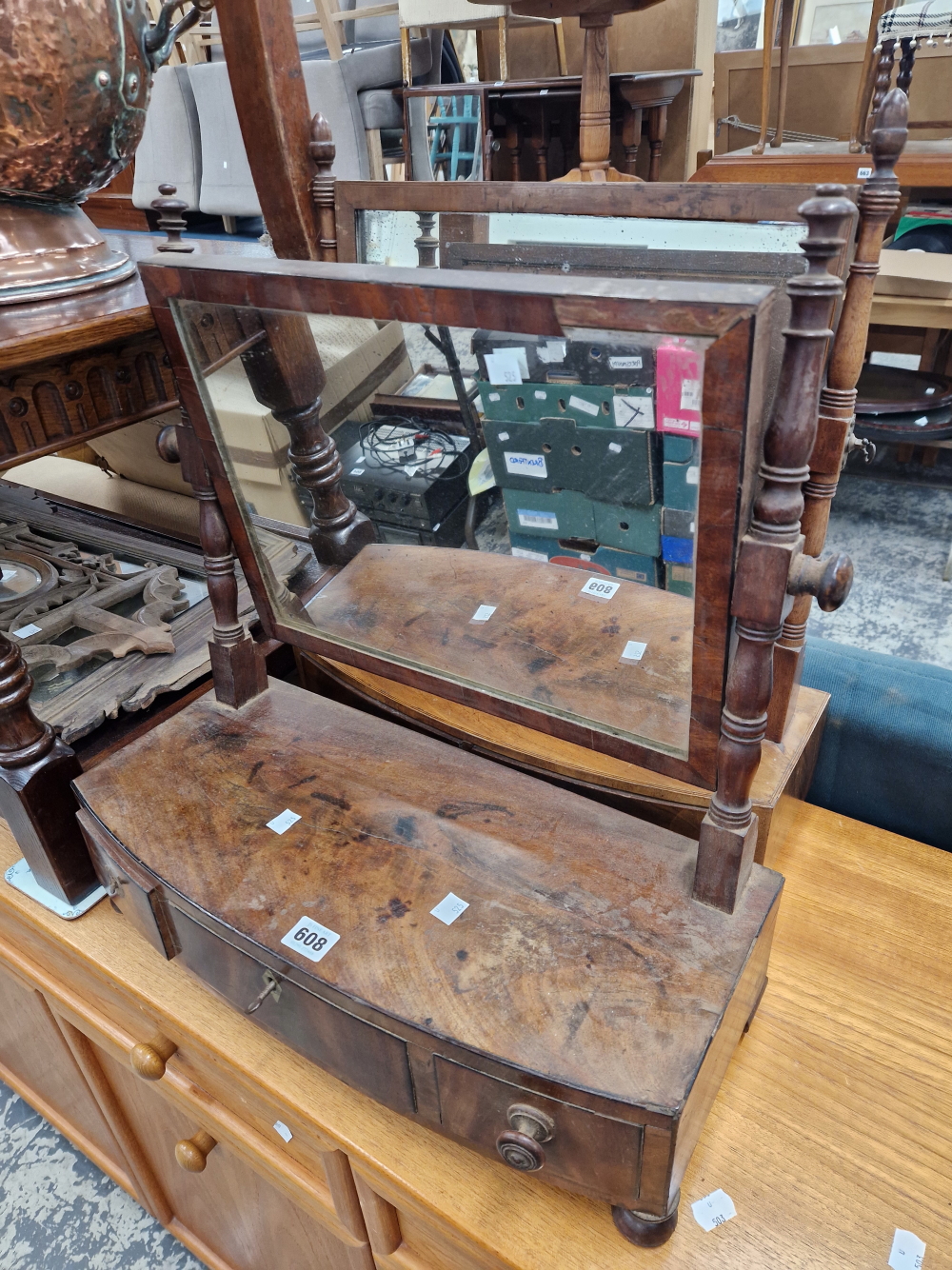 TWO GEORGE III MAHOGANY DRESSING TABLE MIRRORS ON BOW FRONT BASES WITH DRAWERS TOGETHER WITH TWO