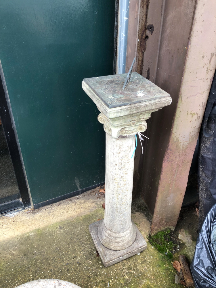 TWO RECONSTITUTED STONE PLANTERS TOGETHER WITH A COLUMN SUNDIAL - Image 3 of 4