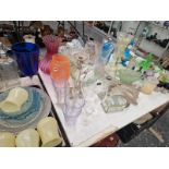 GLASS VASES, BOWLS AND A SET OF FOUR YELLOW GLASS LIGHT SHADES, 3 SODA SIPHONS, SCENT BOTTLES, ETC.
