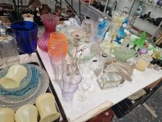 GLASS VASES, BOWLS AND A SET OF FOUR YELLOW GLASS LIGHT SHADES, 3 SODA SIPHONS, SCENT BOTTLES, ETC.