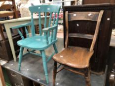 A CAPTAINS BOW CHAIR, AN OXFORD TYPE CHAIR, A CORNER CUPBOARD, A PAINTED CORNER FITTING TABLE AND