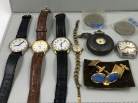 A COLLECTION OF WATCHES ETC TO INCLUDE ORIS, TIMEX, SEKONDA, A HALLMARKED SILVER POCKET WATCH,