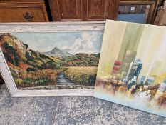 A FRAMED OIL OF A MOORLAND RIVER TOGETHER WITH AN UNFRAMED CANVAS OF SKYSCRAPERS