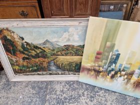 A FRAMED OIL OF A MOORLAND RIVER TOGETHER WITH AN UNFRAMED CANVAS OF SKYSCRAPERS