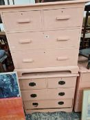 TWO PINK PAINTED PINE CHESTS OF DRAWERS.