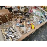 TWO WOODEN BOXES, A BRASS JAM PAN, STUDIO AND OTHER GLASS, ELECTROPLATE KETTLE, BURNER AND STAND,