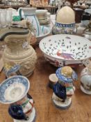A CHINESE PORCELAIN TEA CADDY, AN OSTRICH EGG, JUGS, TWO BOWLS TOGETHER WITH STAFFORDSHIRE FIGURAL