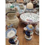 A CHINESE PORCELAIN TEA CADDY, AN OSTRICH EGG, JUGS, TWO BOWLS TOGETHER WITH STAFFORDSHIRE FIGURAL