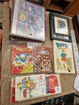 CHILDRENS BOOKS, THUNDERBIRDS AND OTHER COLLECTORS CARDS, A HAZARD BOARD GAME, ETC