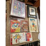 CHILDRENS BOOKS, THUNDERBIRDS AND OTHER COLLECTORS CARDS, A HAZARD BOARD GAME, ETC