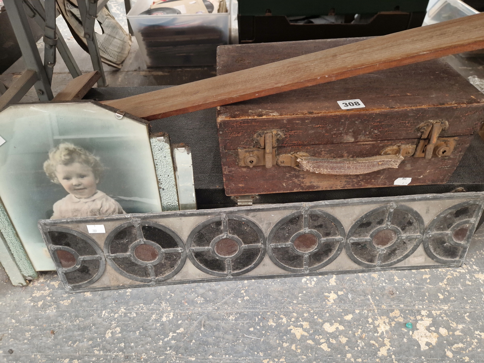 A RULER, A T-BAR, A LEADED GLASS PANEL TOGETHER WITH TWO CASES