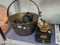 A COFFEE GRINDER, A PAIR OF LADIES BLACK LEATHER BOOTS TOGETHER WITH A BRASS JAM PAN