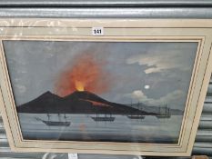A MOUNTED PICTURE OF FOUR MID 19TH CENTURY WAR SHIPS MOORED BEFORE AN ERUPTING VOLCANO
