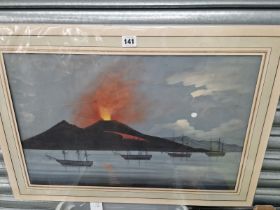 A MOUNTED PICTURE OF FOUR MID 19TH CENTURY WAR SHIPS MOORED BEFORE AN ERUPTING VOLCANO