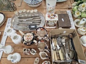 CUTLERY, GAUCHO KNIVES, AN ELECTROPLATE TRAY, MASONS JUGS AND A CLOCK, AYNSLEY VASES, ETC
