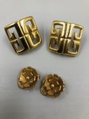A PAIR OF GIVENCHY STUD EARRINGS AND A PAIR OF 9ct GOLD CLIP ON FLORAL EARRINGS. 9ct GROSS WEIGHT