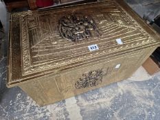 A BRASS BOUND COAL CHEST TOGETHER WITH A CONCERTINA ACTION SEWING TROLLEY