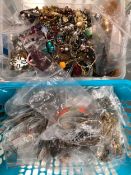 TWO BOXES OF VINTAGE AND LATER COSTUME JEWELLERY TO INCLUDE NECKLACES, BANGLES, BRACELETS ETC