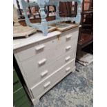 AN ANTIQUE PAINTED PINE CHEST OF DRAWERS AND A PAINTED STANDARD LAMP.