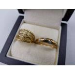 TWO 9ct HALLMARKED GOLD RINGS TO INCLUDE A DIAMOND SET BAND, FINGER SIZE R TOGETHER WITH A